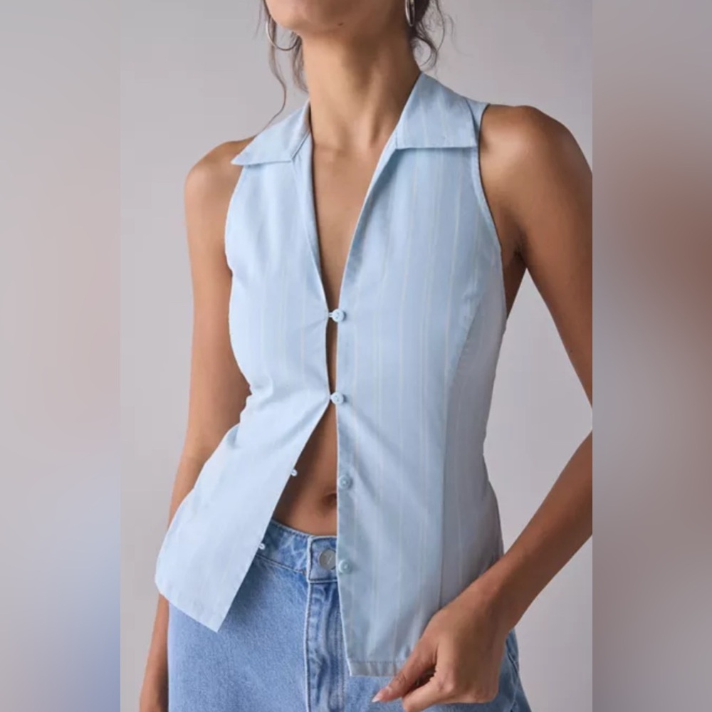 Urban Outfitters Blue Party Girl Cotton- Blend Button Down Sleevless Shirt